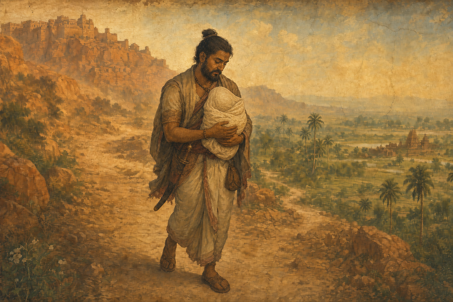 A historical-style illustration shows a Tamil warrior-devotee carrying a cloth-wrapped Ganapati image from a rocky Deccan landscape toward the green Tamil plains.