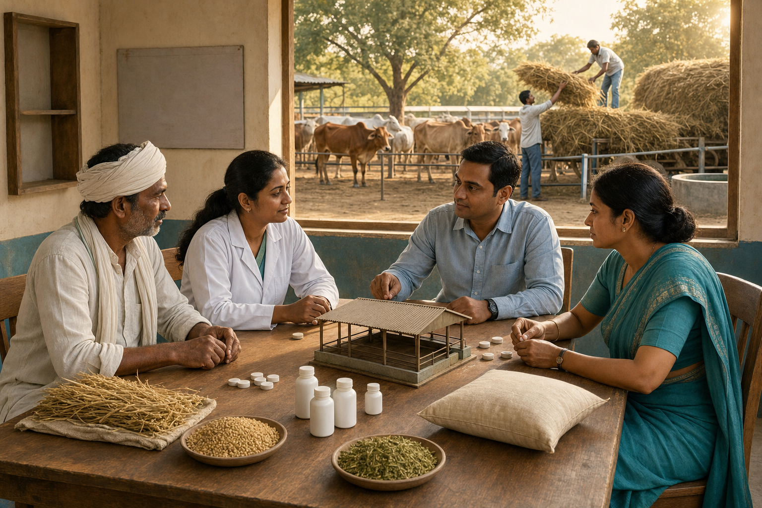 A farmer, gaushala manager, veterinary worker, and administrator discuss cattle-care resources while hay is delivered to a clean shelter behind them.