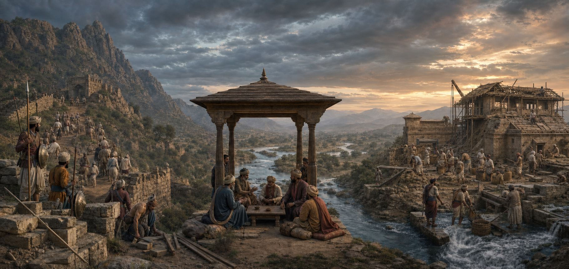 A connected landscape shows defenders securing a mountain pass, envoys negotiating in a pavilion, and residents rebuilding a granary and waterworks.