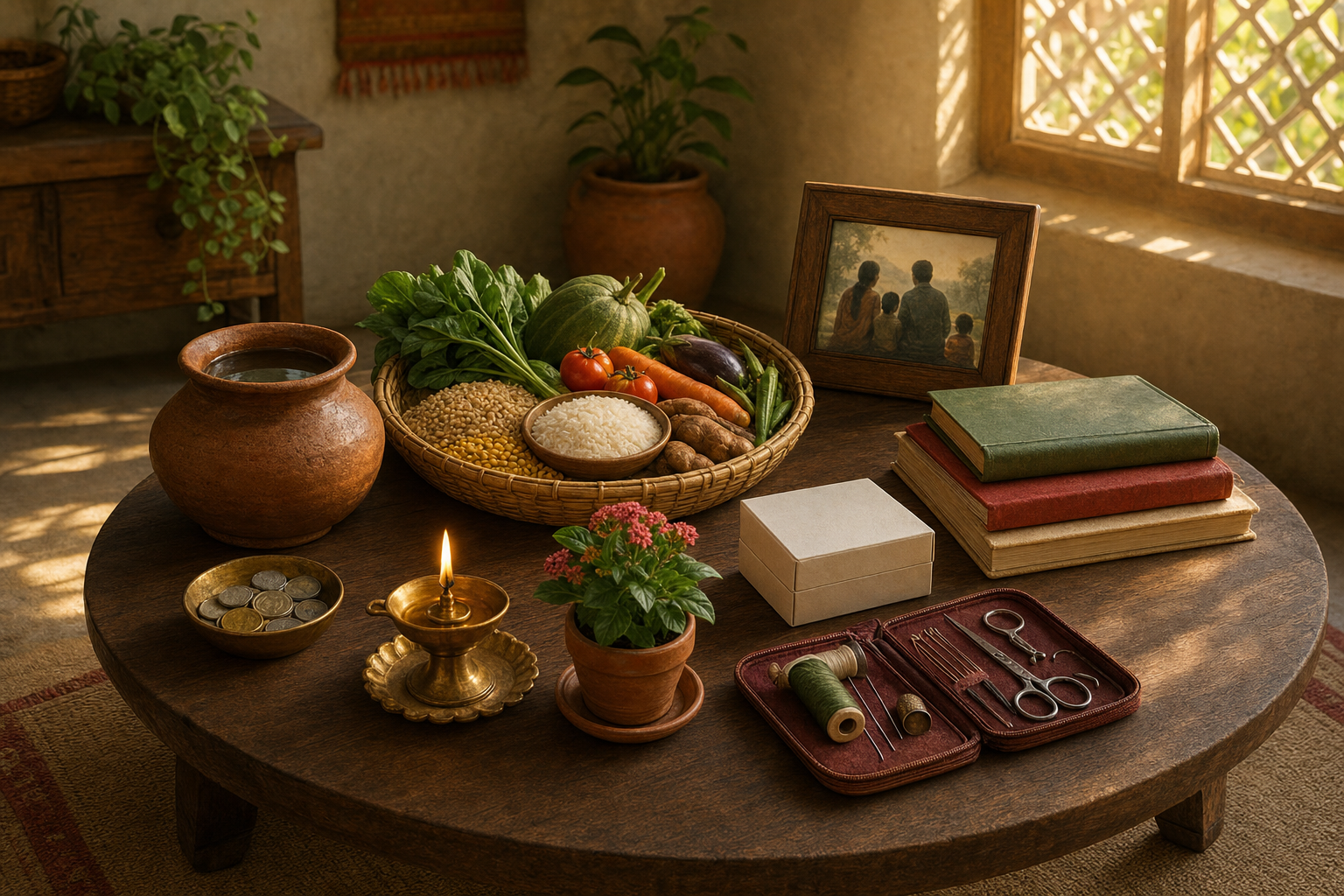 A bowl of coins sits among food, water, books, medicine, a plant, a family photograph, a sewing kit and a lit oil lamp on a household table.