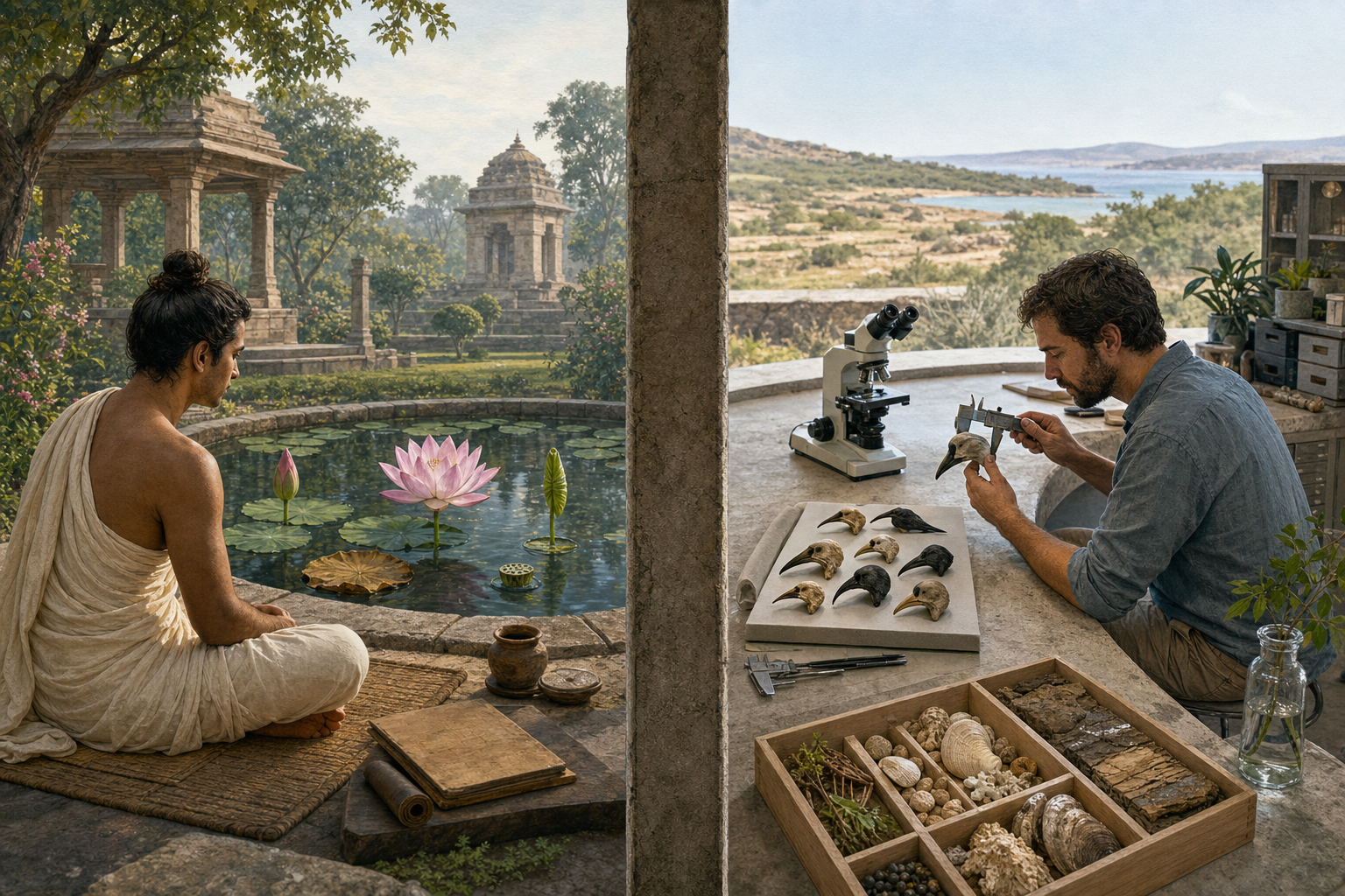 An ancient scholar observing stages of a lotus pond and a modern biologist measuring specimens appear in mirrored but clearly separated settings.
