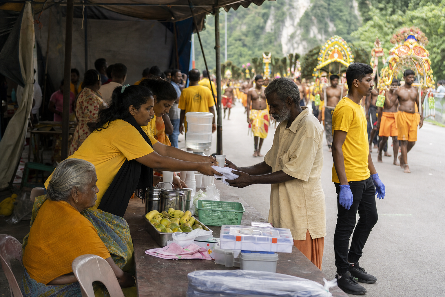 Volunteers offer water and practical assistance to devotees at a rest station along the Thaipusam route near Batu Caves.