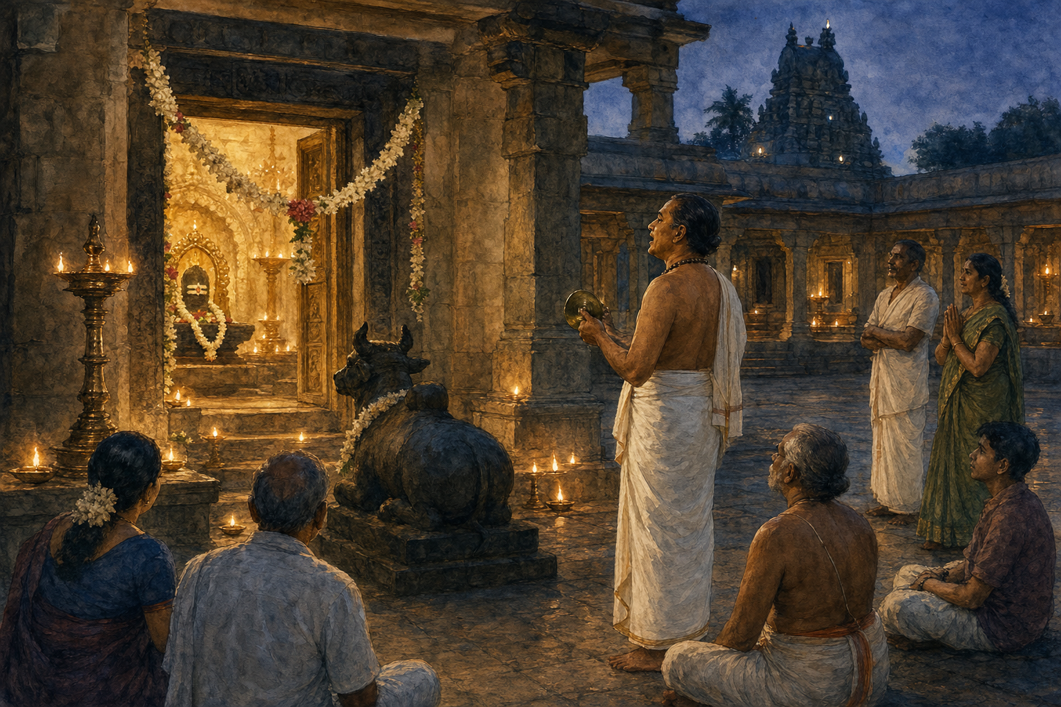 A temple singer with hand cymbals performs before a lamp-lit Shiva shrine while pilgrims listen in a granite courtyard at twilight.