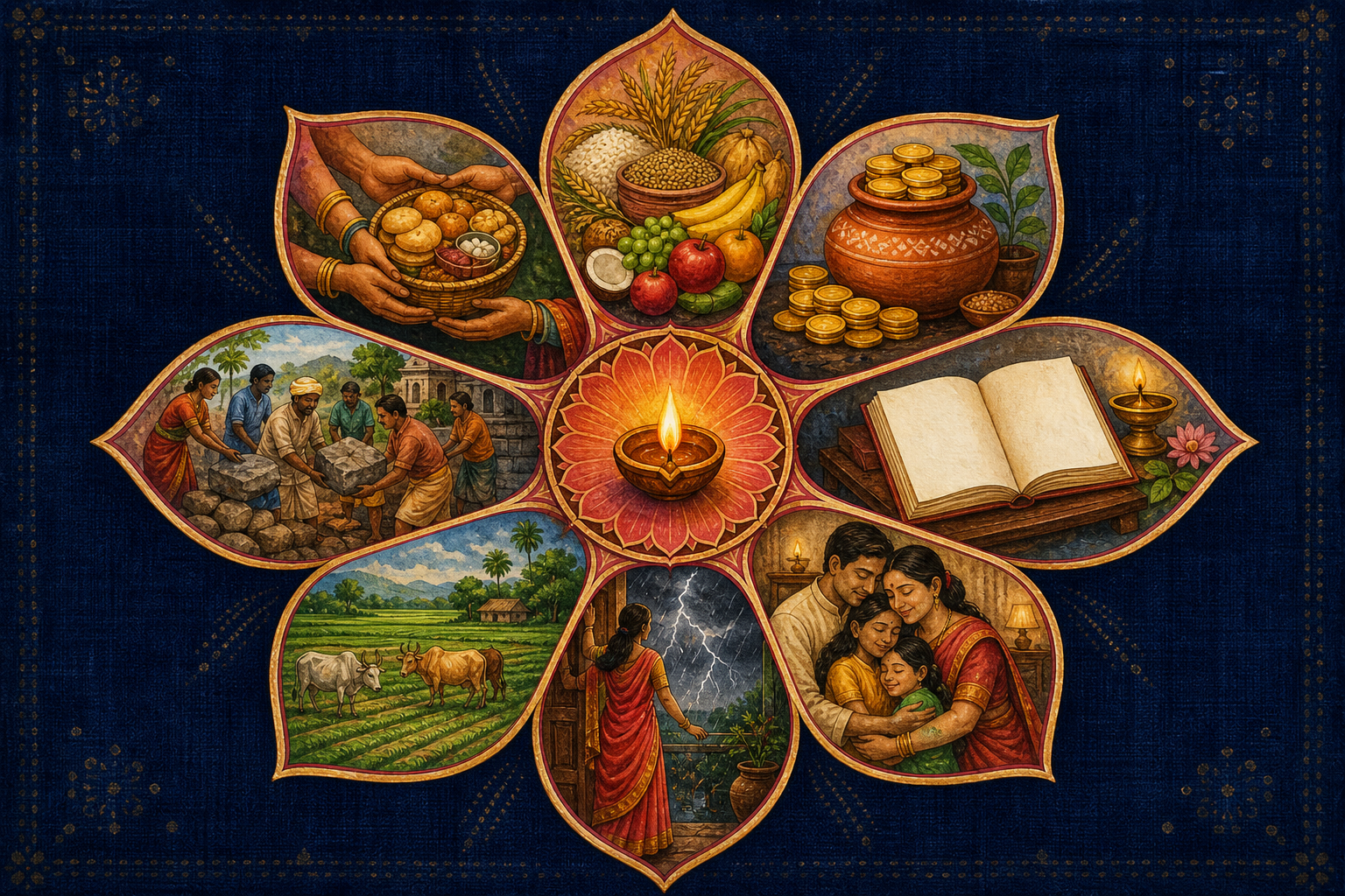 An eight-petaled lotus contains scenes of food, savings, learning, family, courage, farmland, shared achievement and generosity around a central flame.