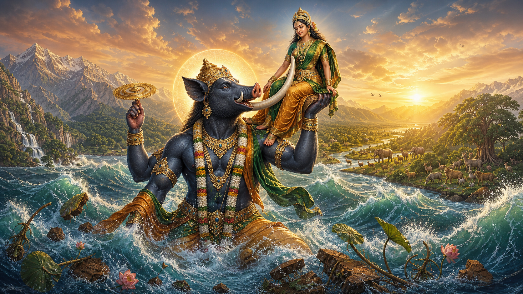 Lord Varaha rises from a cosmic ocean while lifting Bhudevi above the waves as mountains, forests, and rivers reappear in the dawn light.