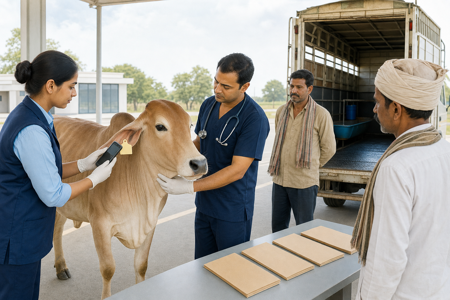 An inspector scans a cow's ear tag as a veterinarian, farmer, and transporter participate in an orderly livestock welfare check beside a ventilated vehicle.