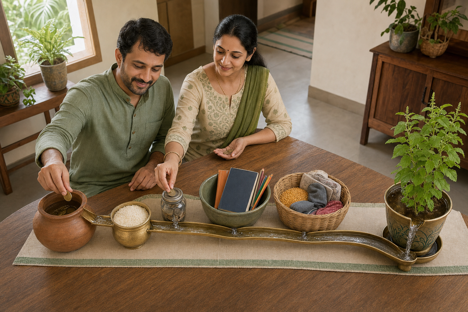 Two adults distribute coins among household vessels, learning materials and a donation basket as water flows through a brass channel toward a green plant.