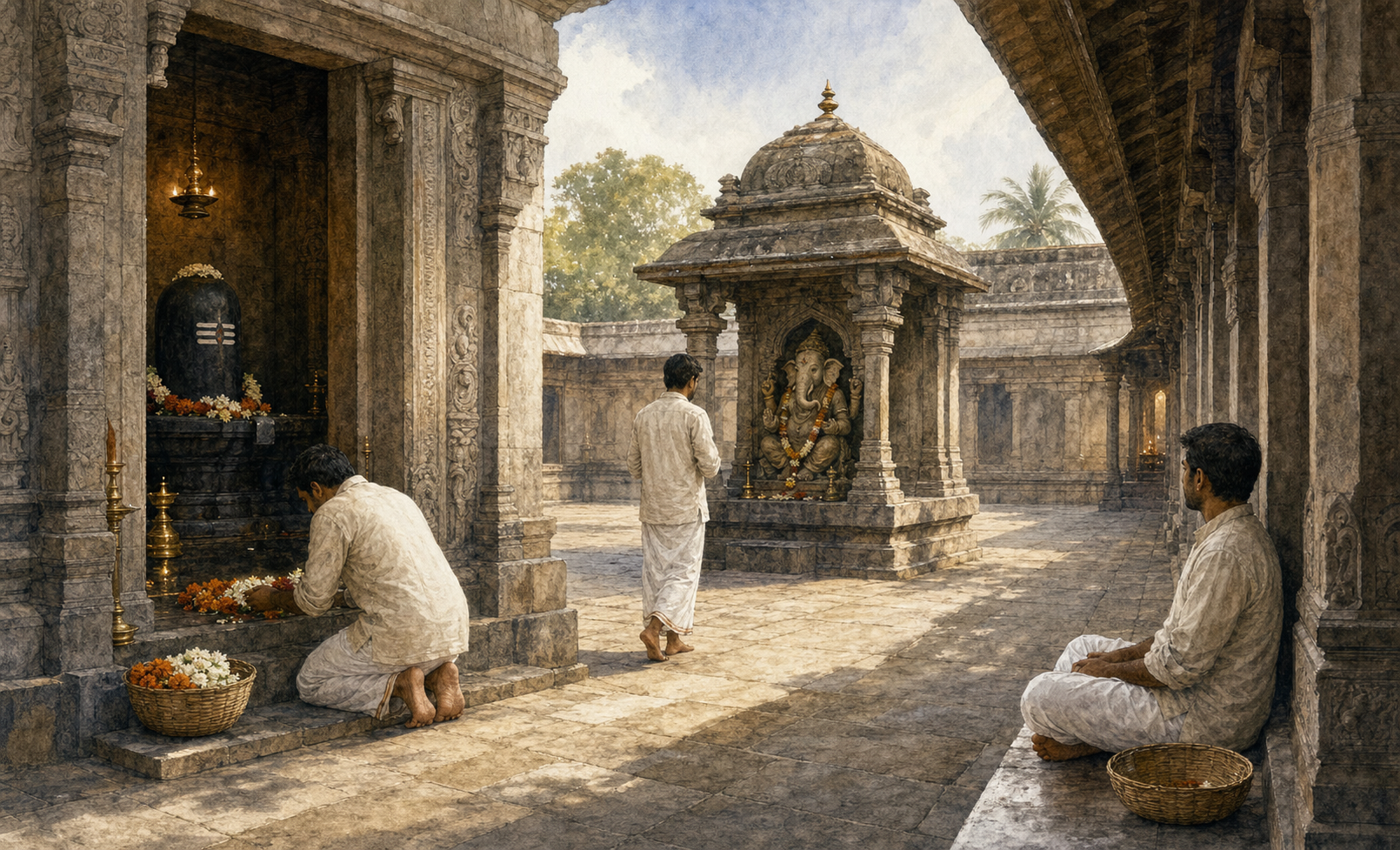 Three connected scenes show a pilgrim worshipping at the Shiva sanctum, visiting the Ganapati shrine, and sitting quietly in a temple corridor.