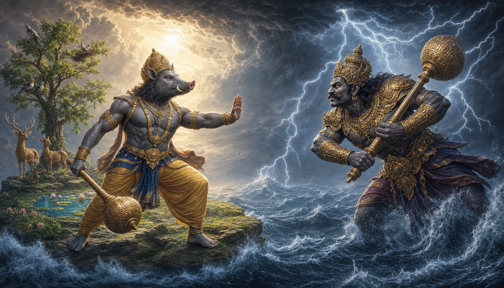 Varaha stands protectively before a small living landscape while the mace-bearing Hiranyaksha advances across a stormy cosmic shore.