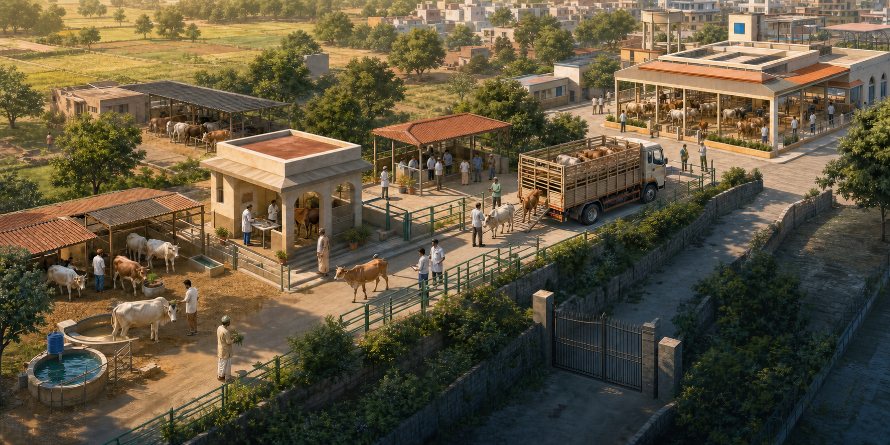 A visible livestock supply chain links a farm, welfare checkpoint, transport hub, and regulated market, while a shadowed side route ends at a closed gate.