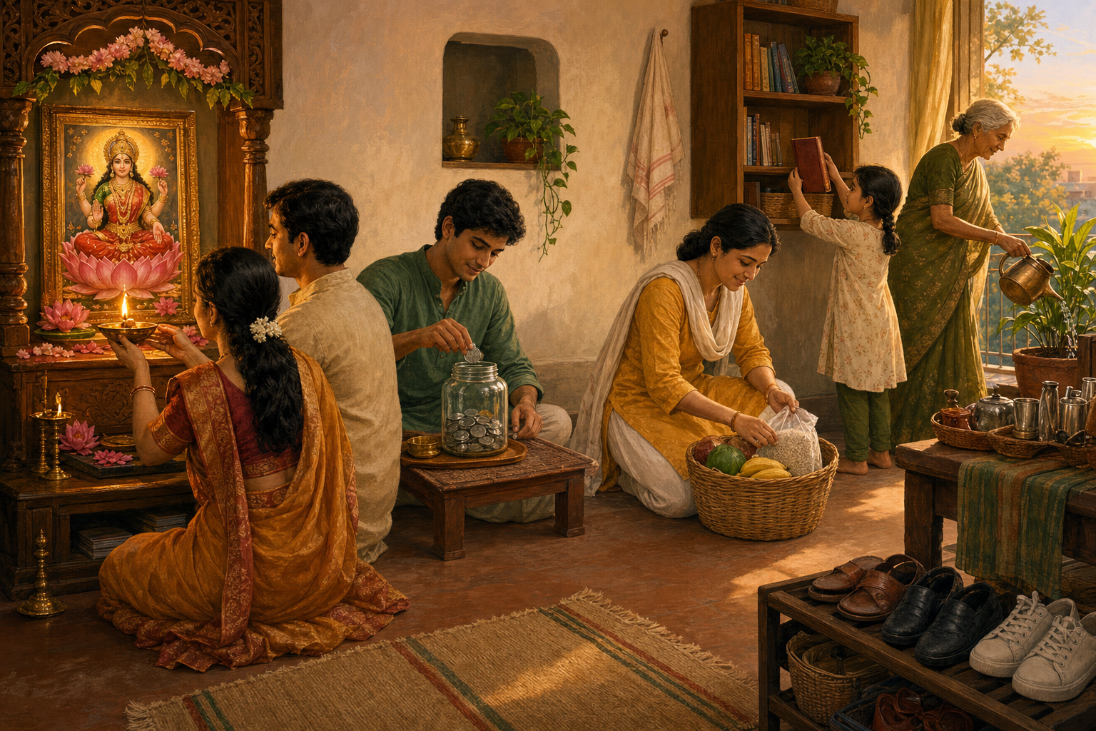 A family lights a lamp before an image of Lakshmi while household members save a coin, prepare food for donation, arrange a book and water a plant.