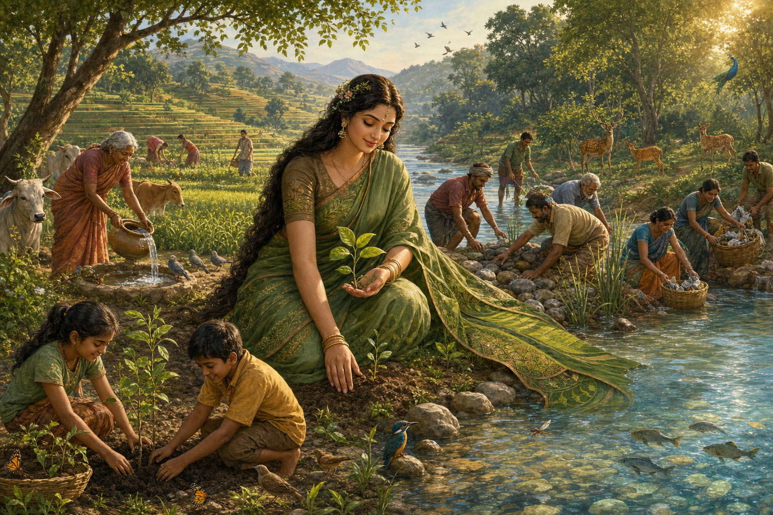 Bhudevi kneels beside a river as children, adults, and elders plant trees, repair the bank, collect litter, and care for birds and other animals.