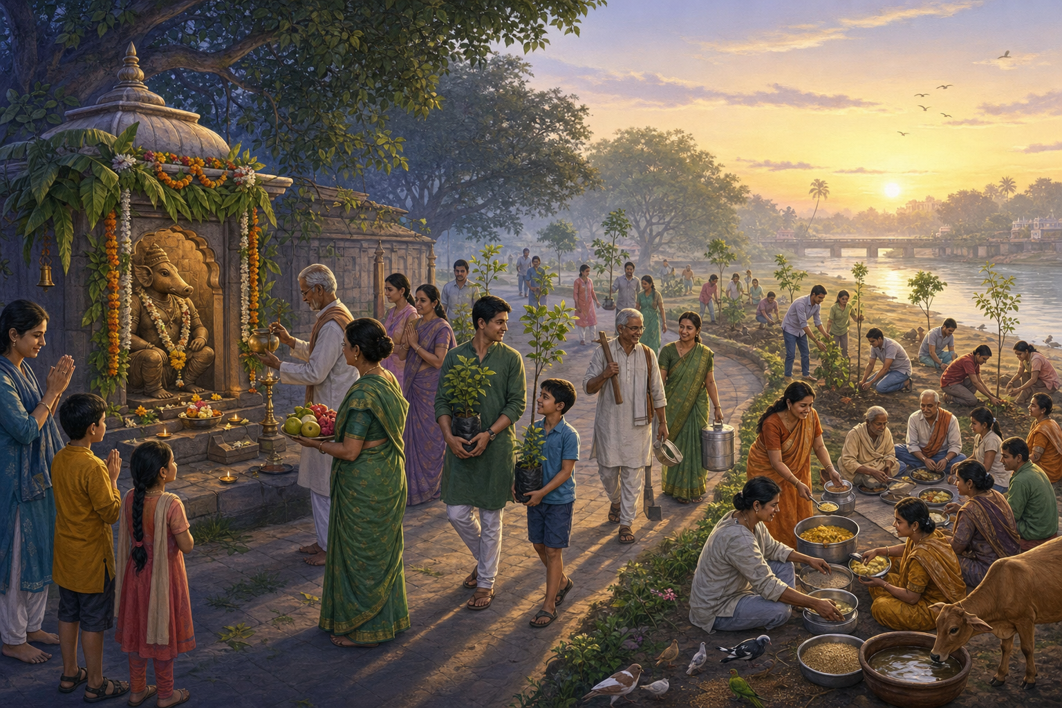 A family offers lamps, flowers, fruit, and water at a Varaha shrine before joining neighbors to plant trees, serve a meal, and care for animals.