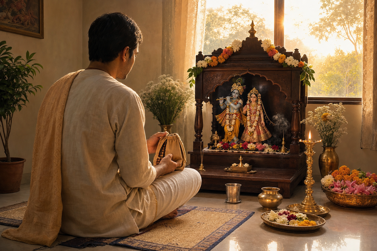 A devotee chants on japa beads at dawn before a clean home altar with flowers, a lamp, and offering vessels.