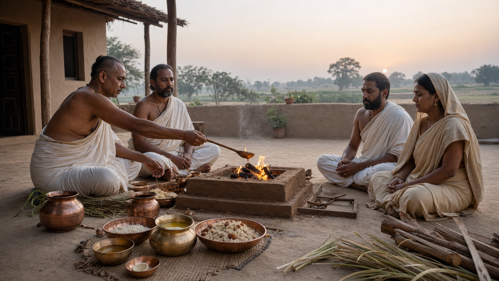 Householders and trained officiants sit around a modest earthen altar as a small offering is placed into the fire at dawn.