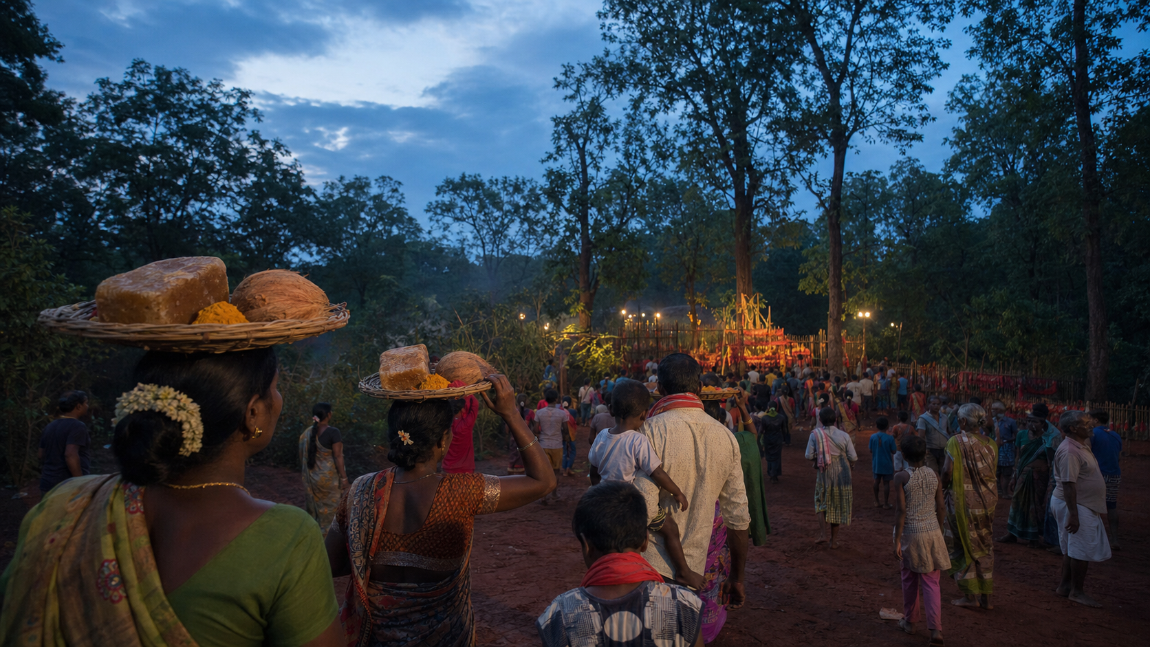 Pilgrims carrying jaggery, coconuts and other offerings walk through the forest toward the illuminated sacred Gadde area at Medaram.