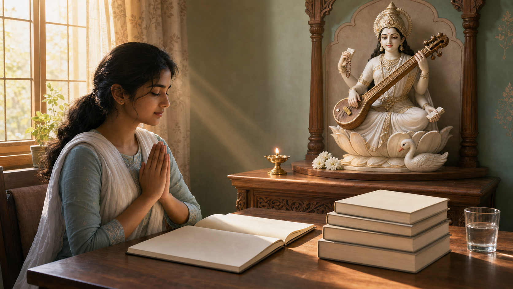 A student prepares to study at a wooden desk beside a small Saraswati shrine with a veena, lamp, white flowers, books, and a glass of water.