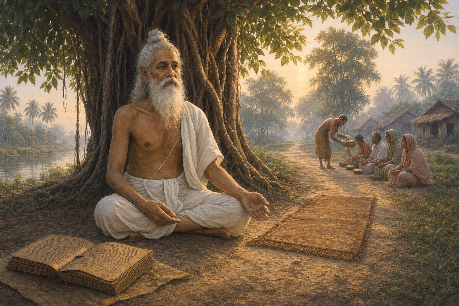 Baba Lokenath sits in meditation beneath a banyan tree beside a rural Bengal path, with a manuscript, meditation mat and villagers receiving food in the surrounding scene.