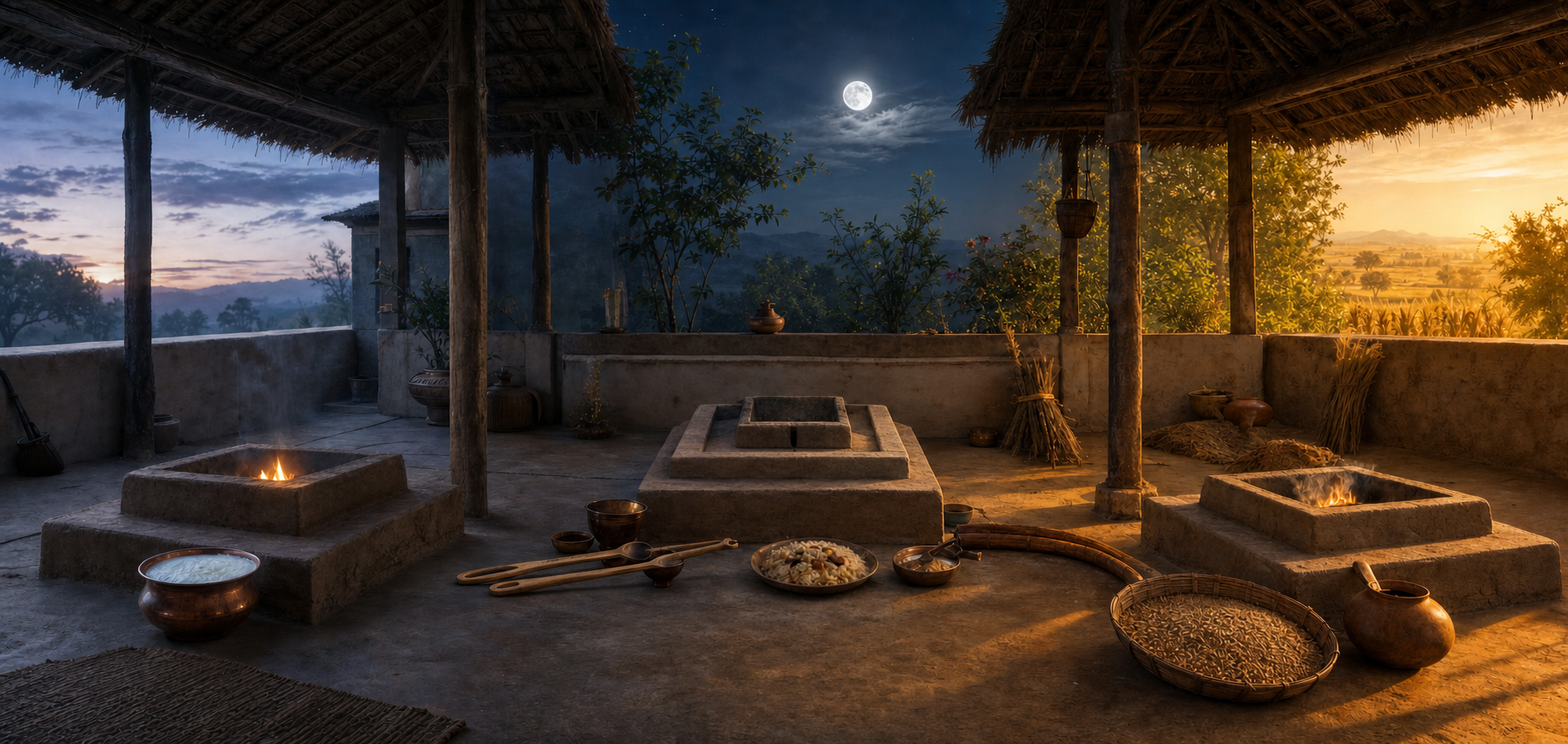 One Vedic household ritual space appears at dawn, beneath the moon, and during the grain harvest, with different offerings prepared beside the fire.