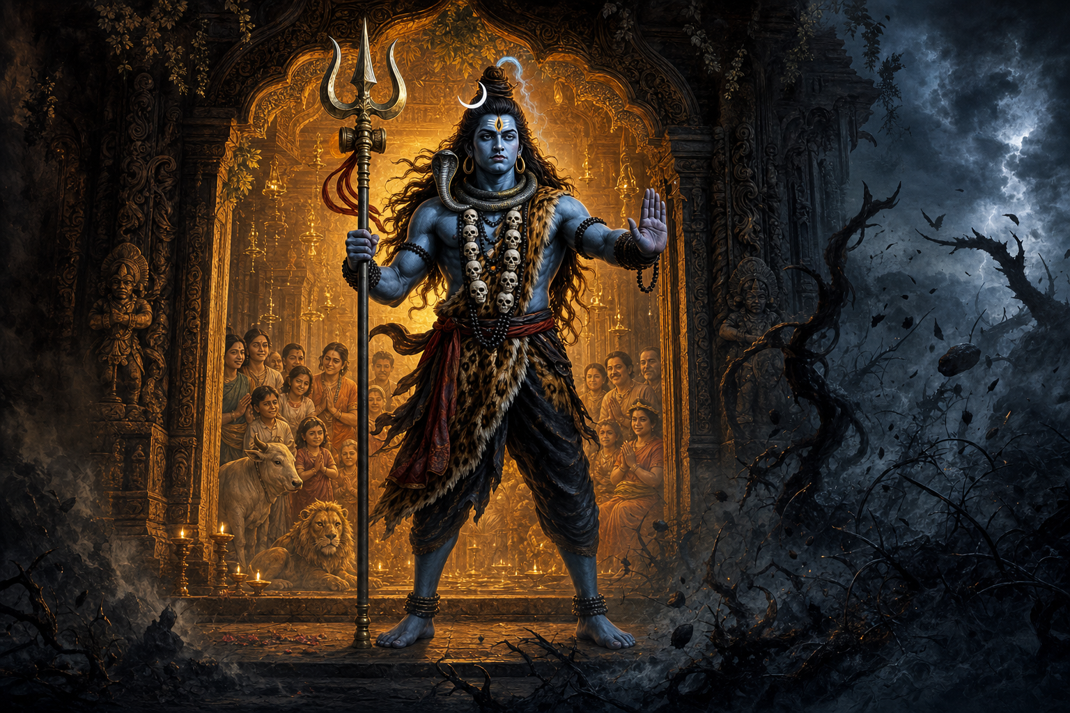 Fierce Shiva stands with an upright trident between a dark storm and a warmly lit sanctuary sheltering people, animals, and trees.