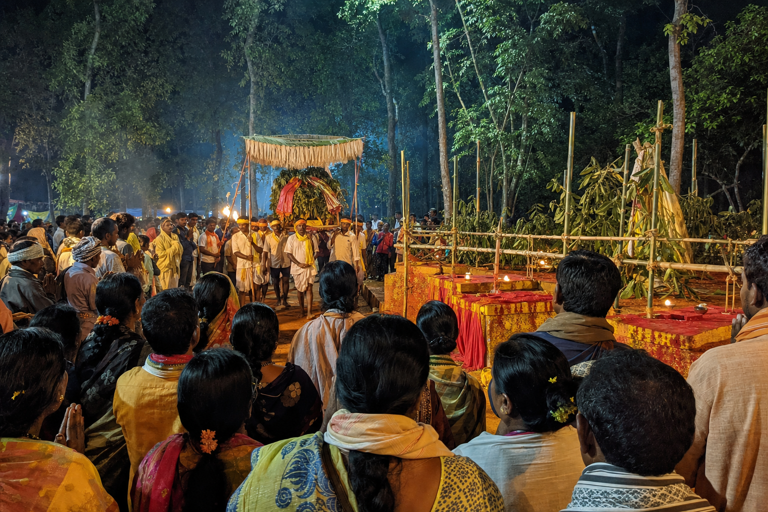 Devotees wait beside the sacred Gadde as Koya ritual bearers approach from the forest during an evening arrival rite.