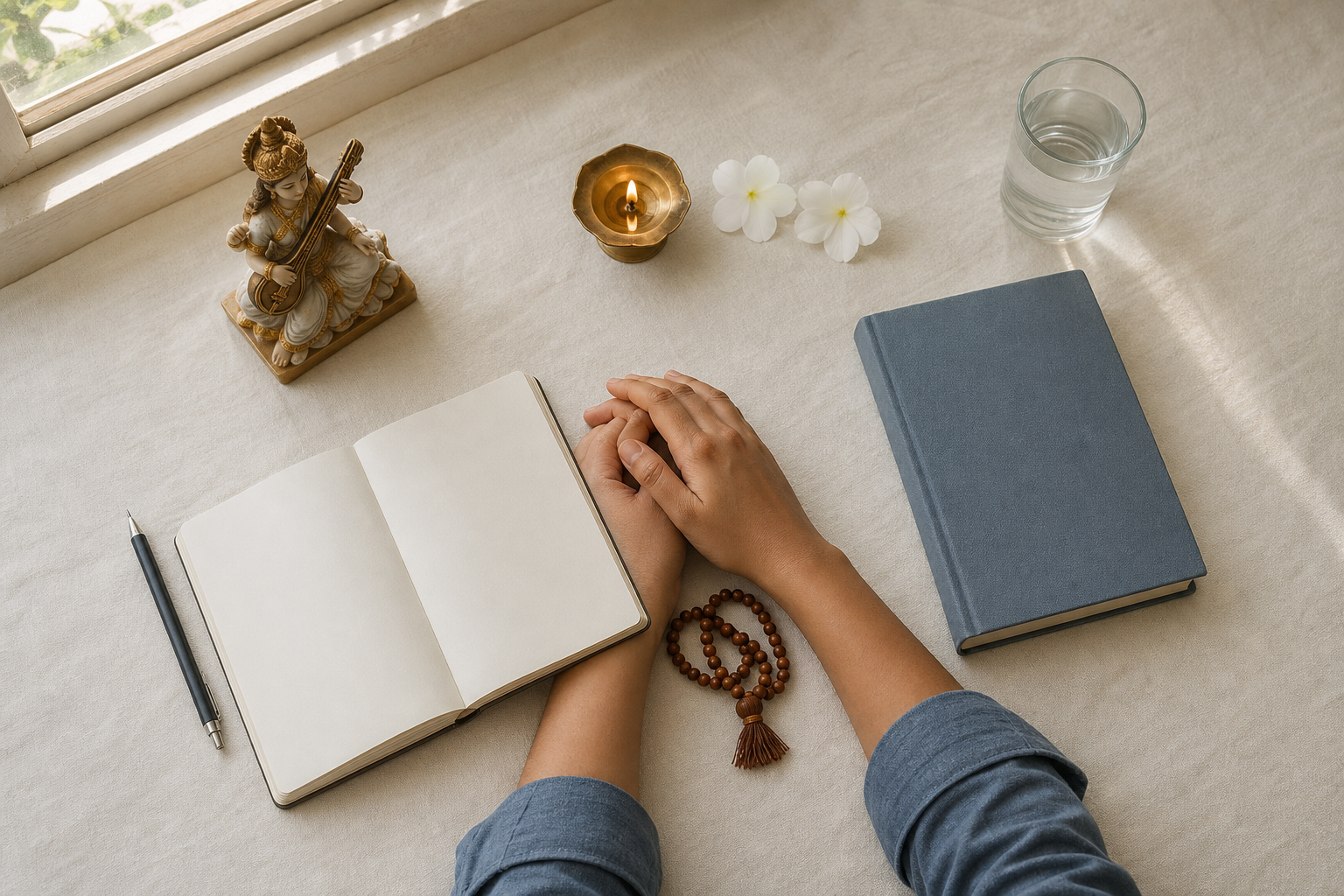 Prayer beads, a small Saraswati figurine, a lit brass lamp, white flowers, a notebook, a pencil, and water are arranged for a brief study ritual.