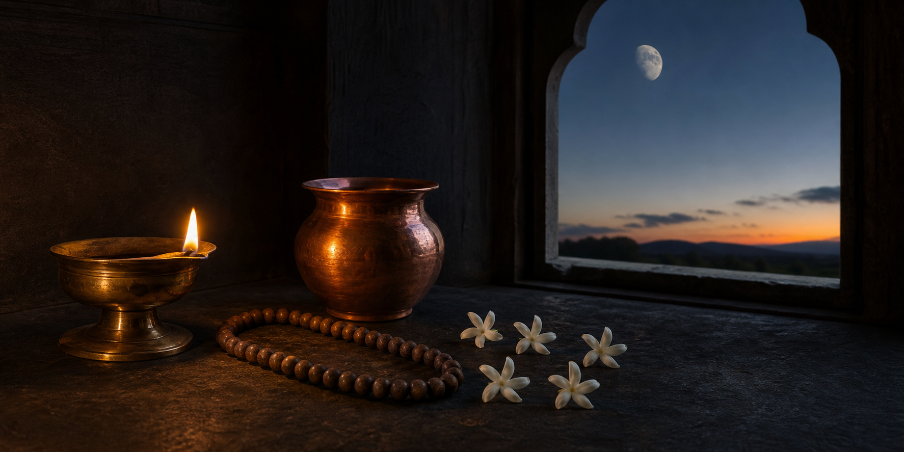 A brass oil lamp, copper vessel, prayer beads, and five jasmine blossoms sit near an open window beneath a waning moon before dawn.