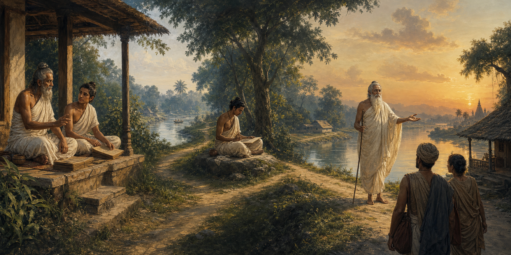 A continuous Bengal landscape shows a seeker learning from a teacher, practising in solitude and later welcoming travelers as an elderly ascetic.