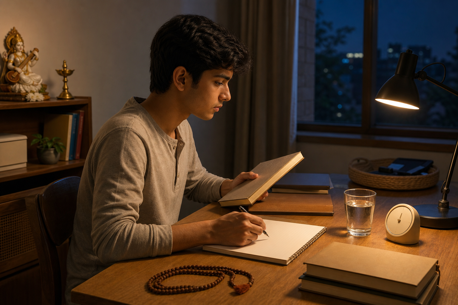 A student practices recall at a desk while a small Saraswati image and prayer beads remain on a nearby shelf.