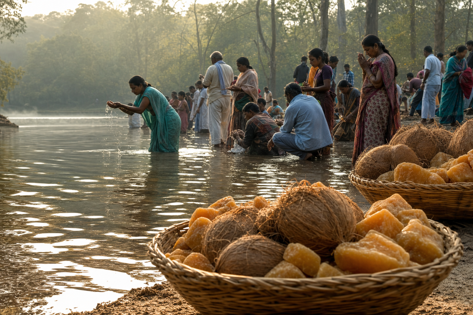 Families perform a modest ritual bath in the shallow waters of Jampanna Vagu beside baskets of jaggery and coconuts.
