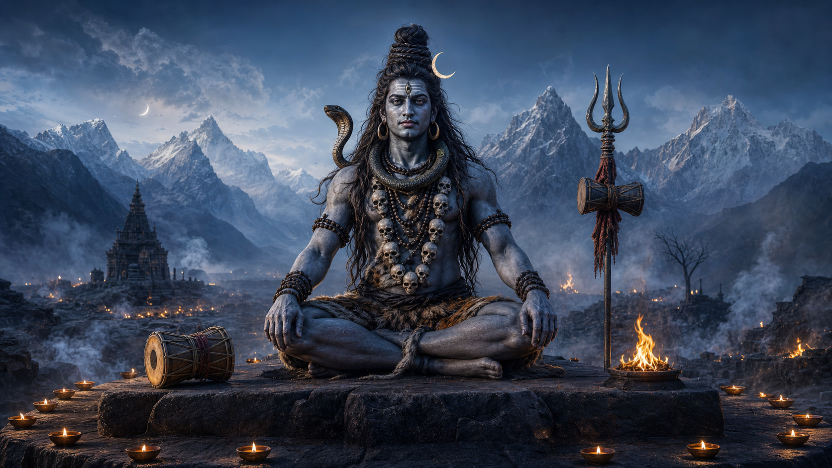 Seated Shiva remains calm amid a trident, drum, cobra, skull garland, and contained flame in a twilight Himalayan setting.