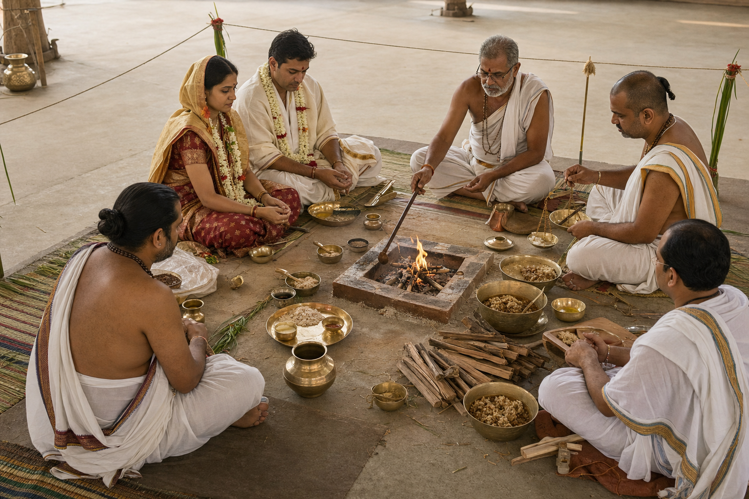 A sponsoring couple and several officiants perform different tasks around an orderly fire altar with ladles, vessels, grain, and kusa grass.