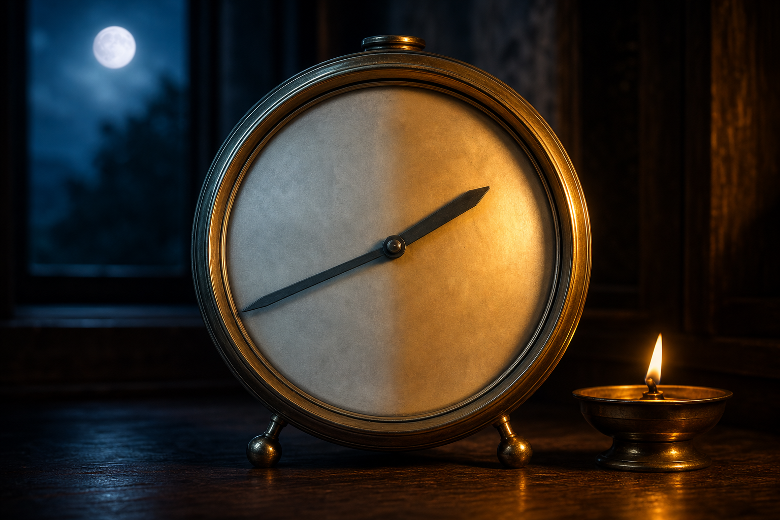 An unnumbered brass clock shows 1:40 beside a small oil lamp in cool midnight light.