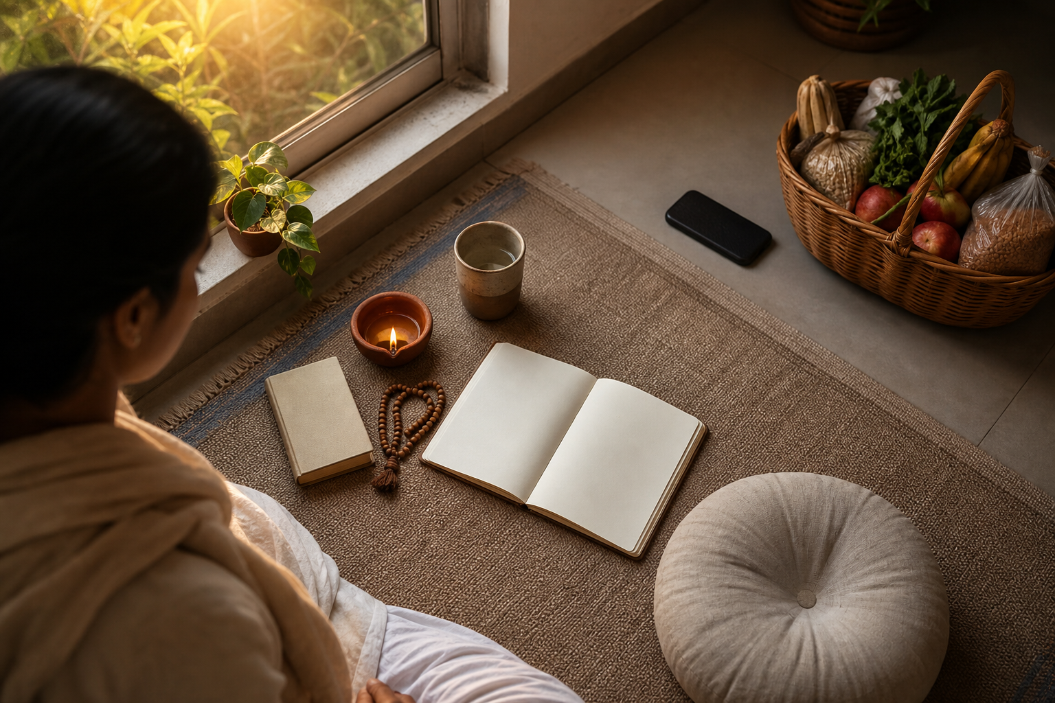 A modern seeker sits beside a scripture, prayer beads and meditation cushion while reaching toward a basket of groceries, with a phone placed face down nearby.
