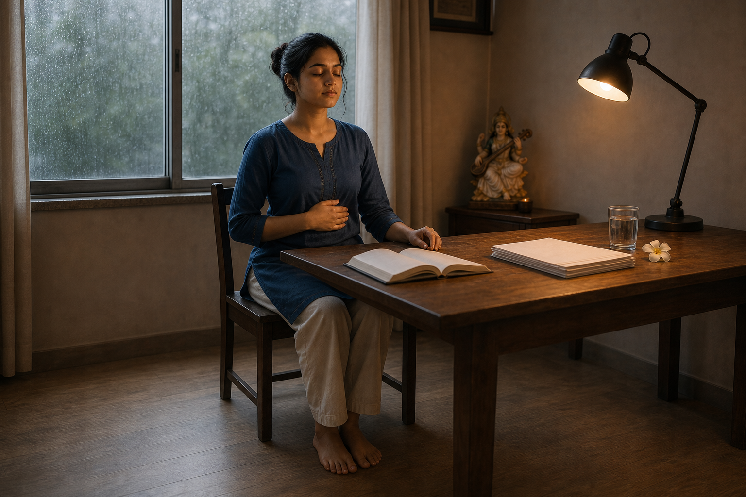 A seated student pauses for a calming breath beside an open book, a prayer bead, water, a white flower, and a small Saraswati figurine.