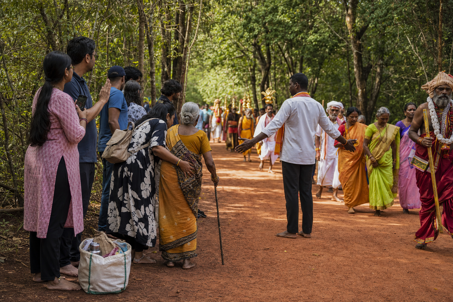 Visitors stand aside with cameras lowered while a procession and local pilgrims move along a forest route at Medaram.