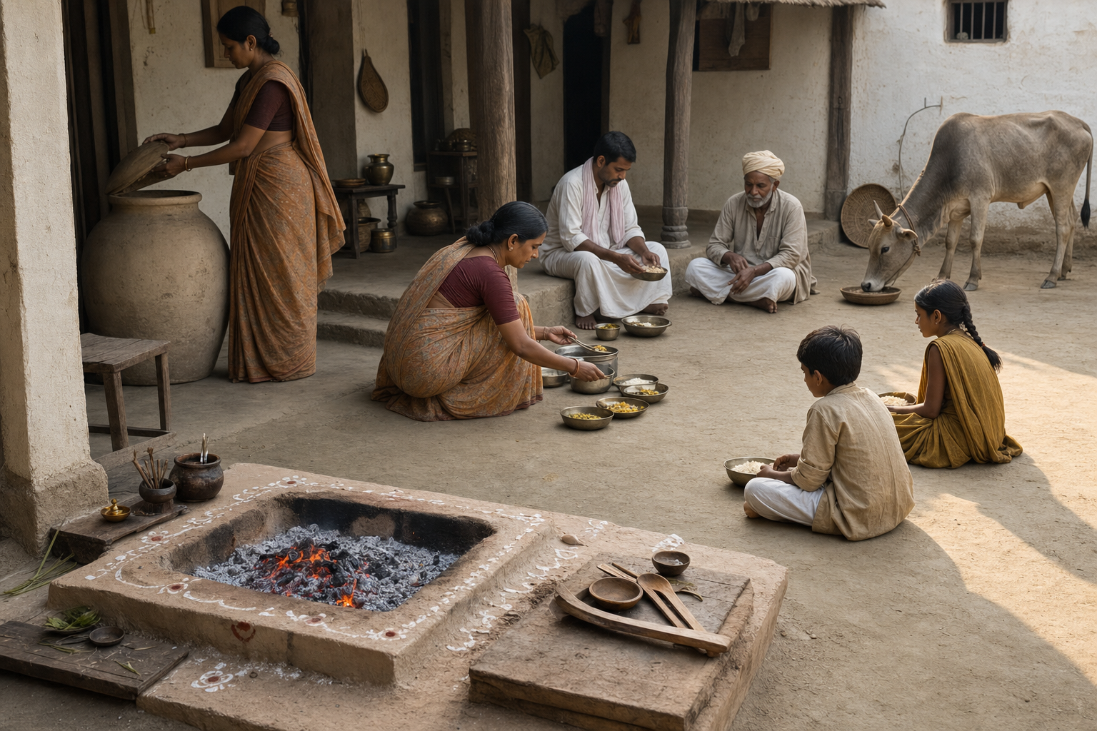 Glowing ritual embers remain in the foreground while a household portions cooked food and grain for family, a guest, and an animal.