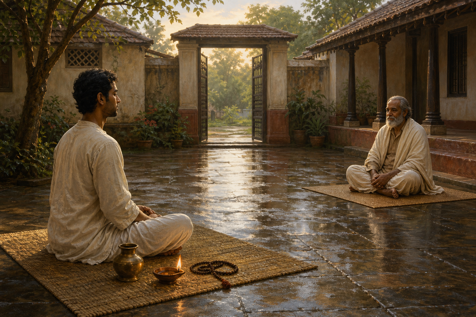 A seeker meditates in an ashram courtyard at dawn while an elder teacher watches from a respectful distance beside an open gate.