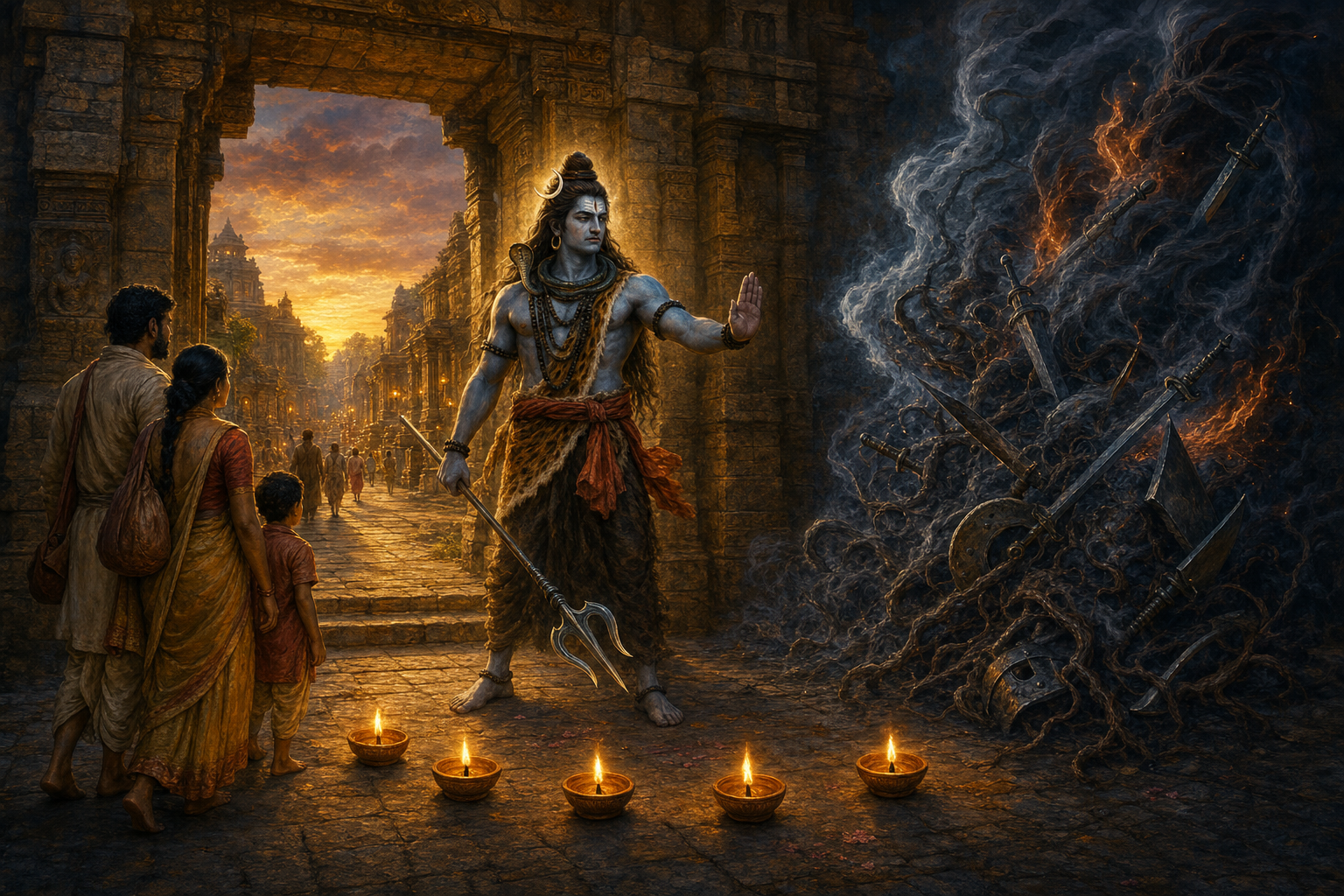 Shiva guards travelers from a smoky destructive force at a stone gateway, with five oil lamps arranged on the ground before him.