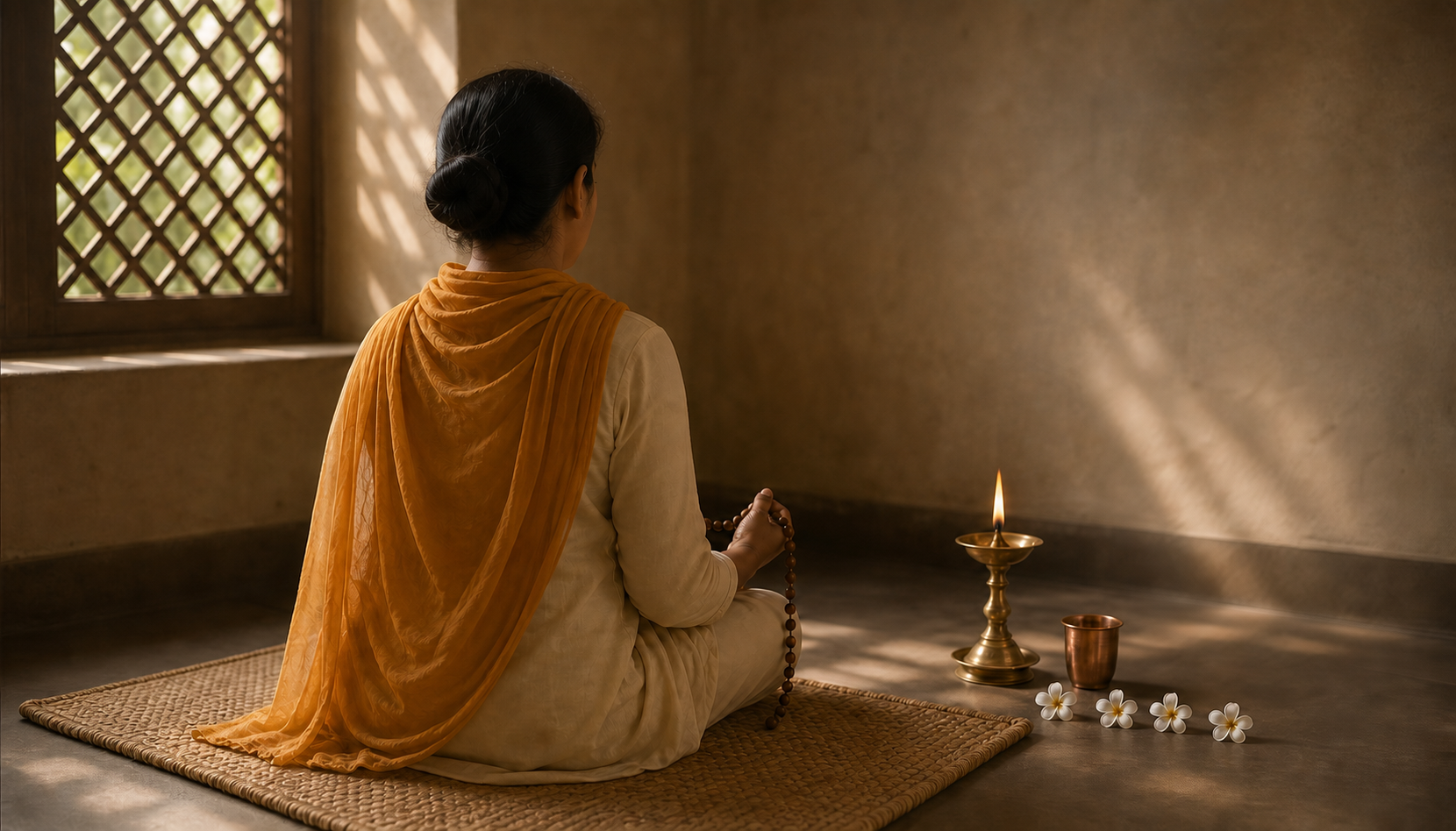 A seated practitioner holds wooden prayer beads before a steady oil lamp, a copper cup, and five white blossoms at dawn.