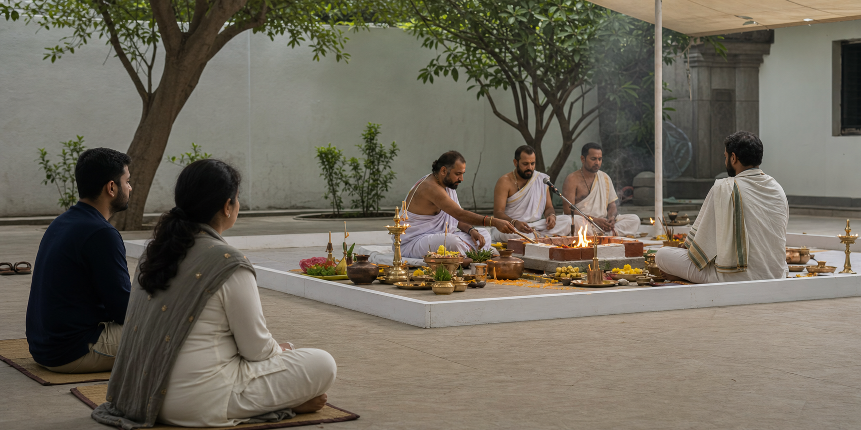 Two visitors sit outside the marked ritual area while householders and officiants conduct a small fire sacrifice in a courtyard.