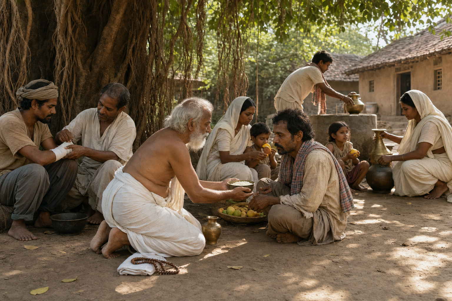 An elderly ascetic offers food and water to a traveler while people nearby tend an injured hand, share fruit and fill water vessels.