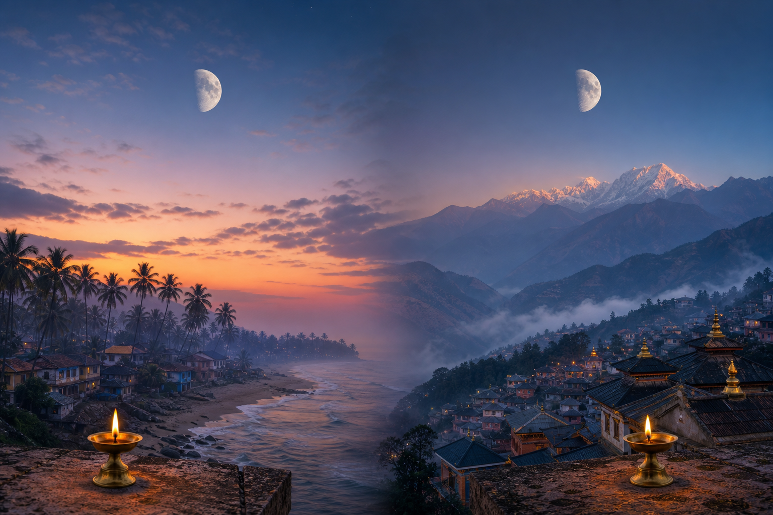 A waning moon hangs over a coastal town and a mountain settlement as dawn reaches their different horizons.