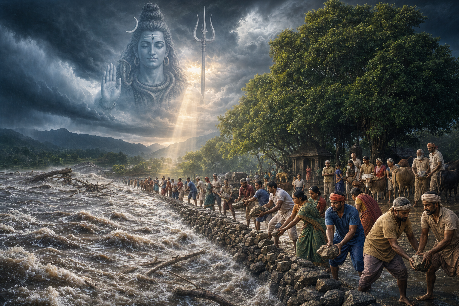 Villagers form an organized line to protect people, animals, and a riverside grove as a luminous figure of Shiva appears behind them.