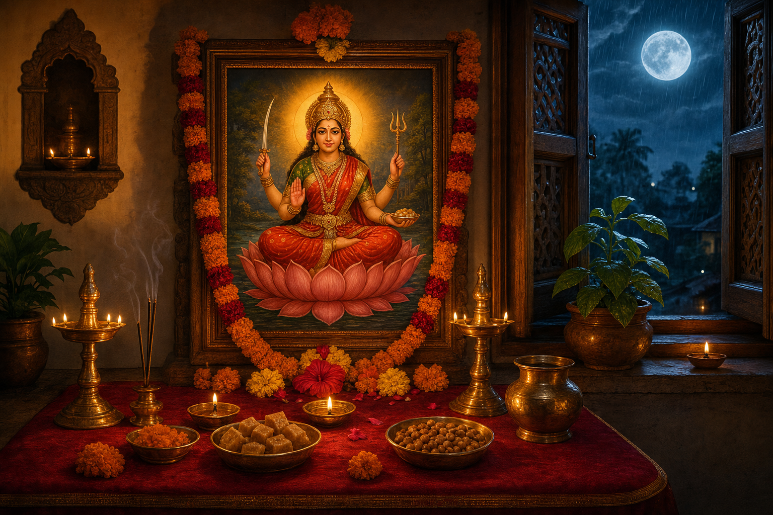 A home shrine for Santoshi Mata with oil lamps, marigolds, jaggery, roasted chickpeas, and a full moon visible through the window.