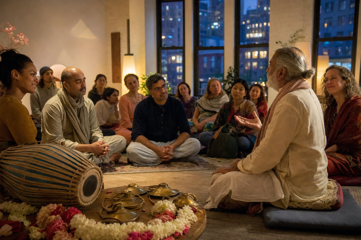 An intergenerational group sits in a discussion circle in a warmly lit hall, with a drum, hand cymbals, and flower garlands in the foreground.