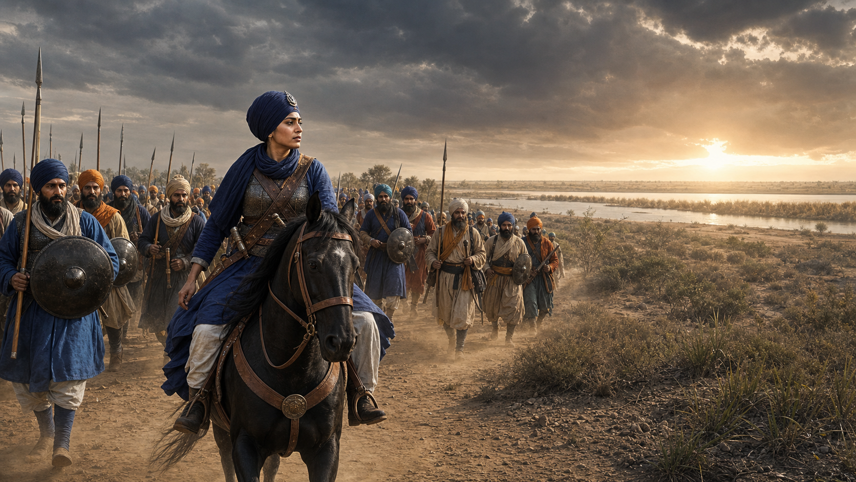 Mai Bhago leads a company of turbaned Sikh warriors across the scrubland of Punjab toward a distant reservoir at dawn.