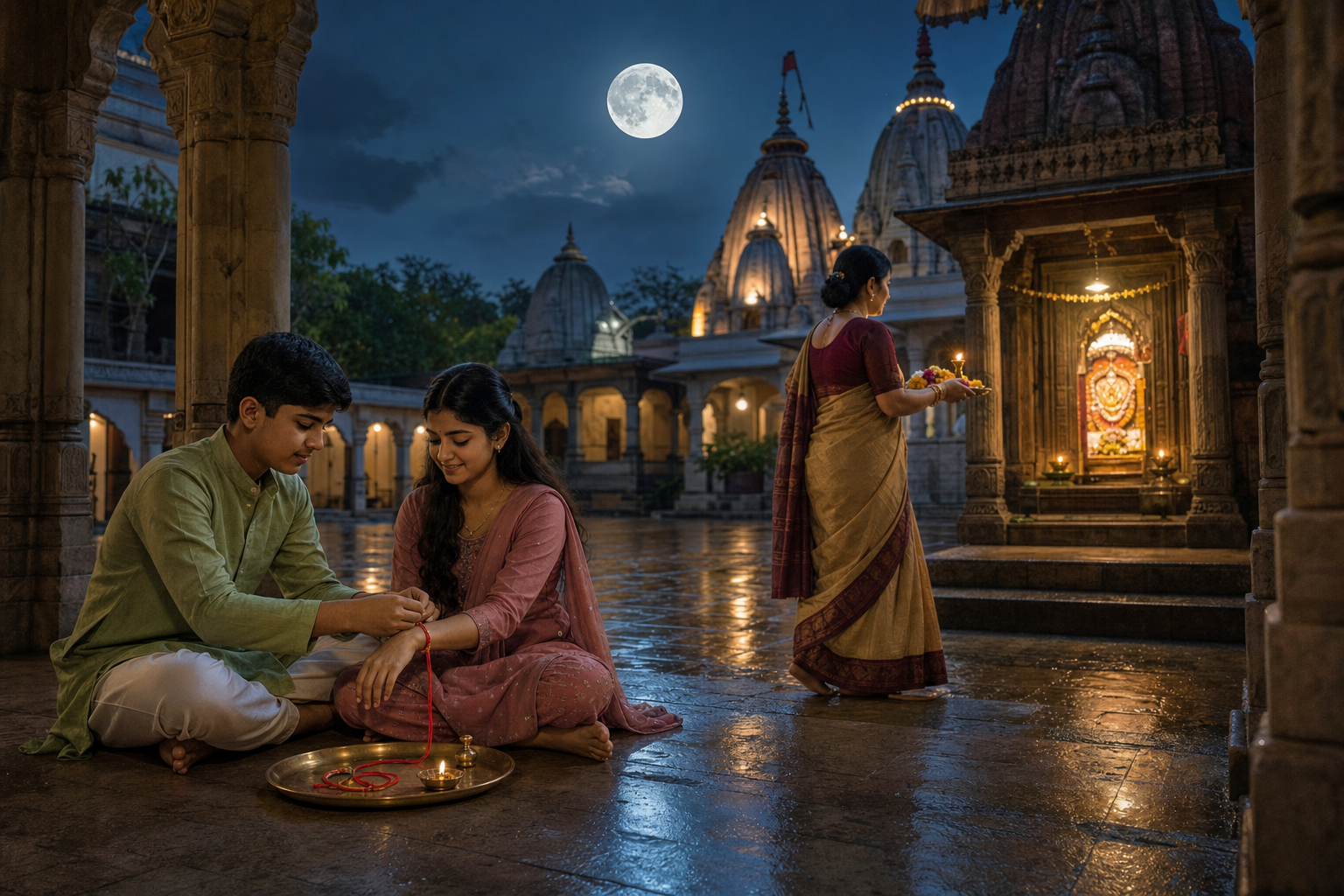 A family observes Rakhi in a moonlit temple courtyard while another relative carries a puja tray toward a shrine.