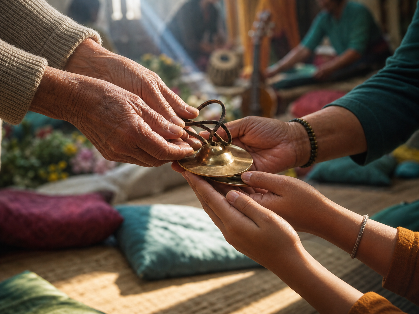 Three generations of hands pass a worn pair of brass hand cymbals while people arrange a gathering space in the background.