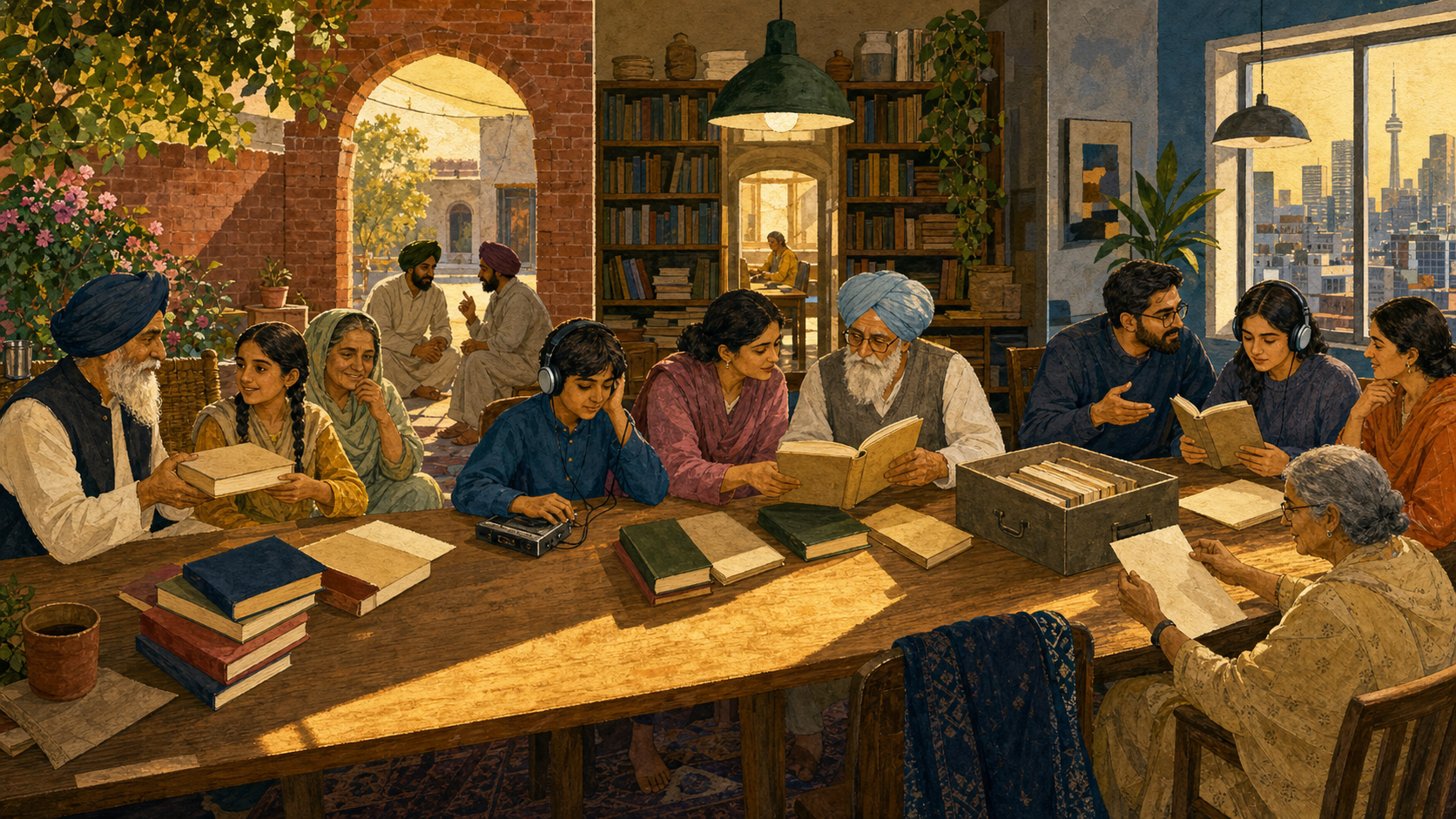 Several generations of Punjabi readers share books, recordings, and conversation around a long table that connects a Punjab courtyard, a neighborhood library, and a diaspora community room.